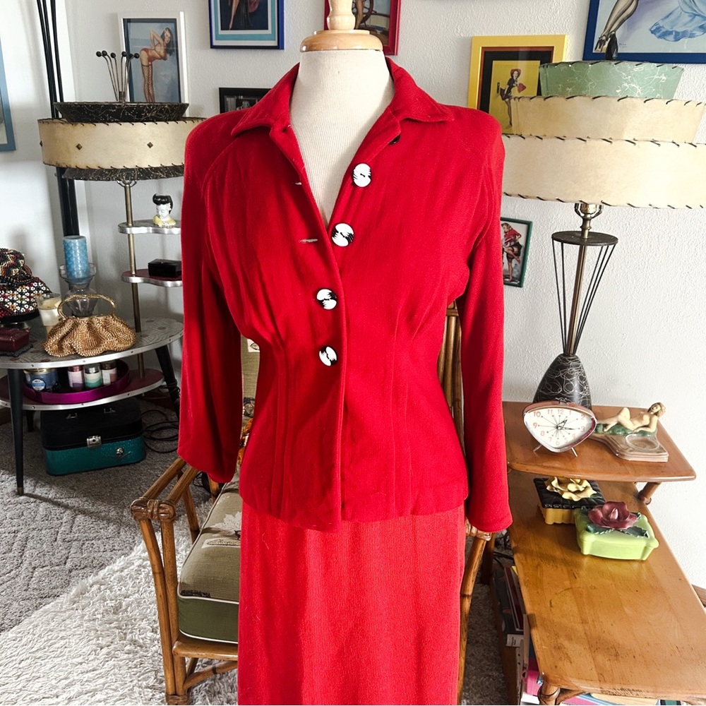 Vintage 1940s Jacket | Blazer | Red | M | Suit Coat | Marble Buttons | 40s